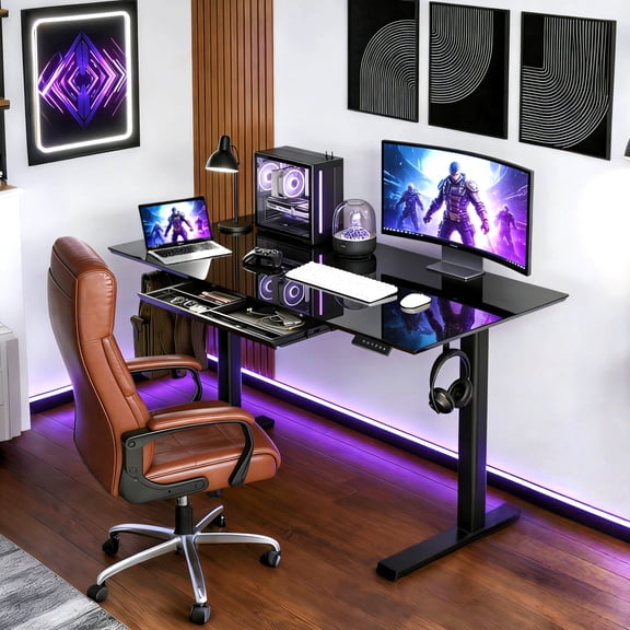 INNOVAR Glass Standing Desk with 1 Drawer, 48 × 24 inch Adjustable Stand up Office Desk, Electric Writable Glass Top Home Study Sit to Stand Computer Desk, Black