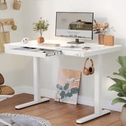 INNOVAR Glass Standing Desk with Drawers, 48×24 Inch Adjustable Stand Up Desk, Quick Install Home Office Computer with USB Ports, White