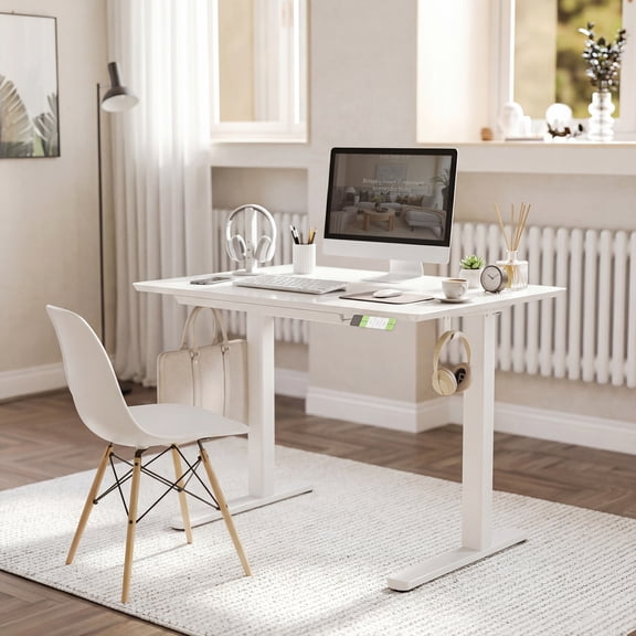 INNOVAR Glass Standing Desk with Drawers, Electric 55×24 inch Adjustable Stand up and Down Desk, Sit-Stand Glass Top Adults Home Office Computer Desk, Super White