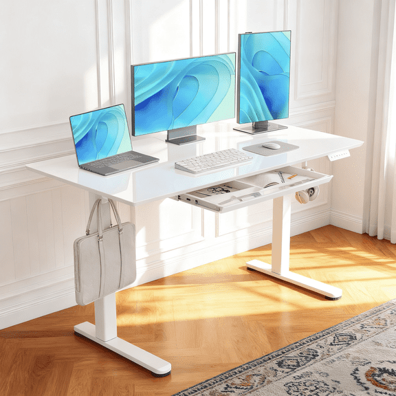 INNOVAR Electric Tempered Glass Standing Desks - 55×27.6 inch Sit Stand Desks with Slide out Drawers, Height Adjustable Ergonomic Desks - Rising Stand up Work Desks for Home Office,Super White