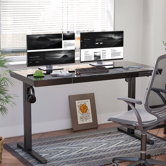 INNOVAR Glass Standing Desk with 1 Drawer, 55×24 inch Adjustable Sit to Stand up Tempered Glass Top Desk, Office Work Electric Computer Standing Desk W/ USB Ports and Hooks,Quick Assembly,Black