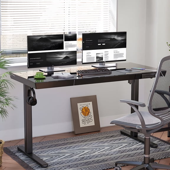 INNOVAR Glass Standing Desk with 1 Drawer, 55×24 inch Adjustable Sit to Stand up Tempered Glass Top Desk, Office Work Electric Computer Standing Desk W/ USB Ports and Hooks,Quick Assembly,Black