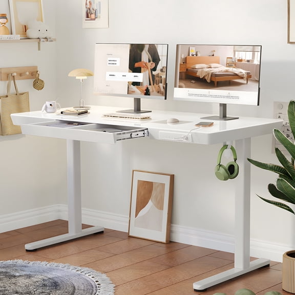 INNOVAR Glass Standing Desk with Drawers, 55 Inch Adjustable Stand Up Desk, Quick Install Home Office Computer Desk with USB Ports, White