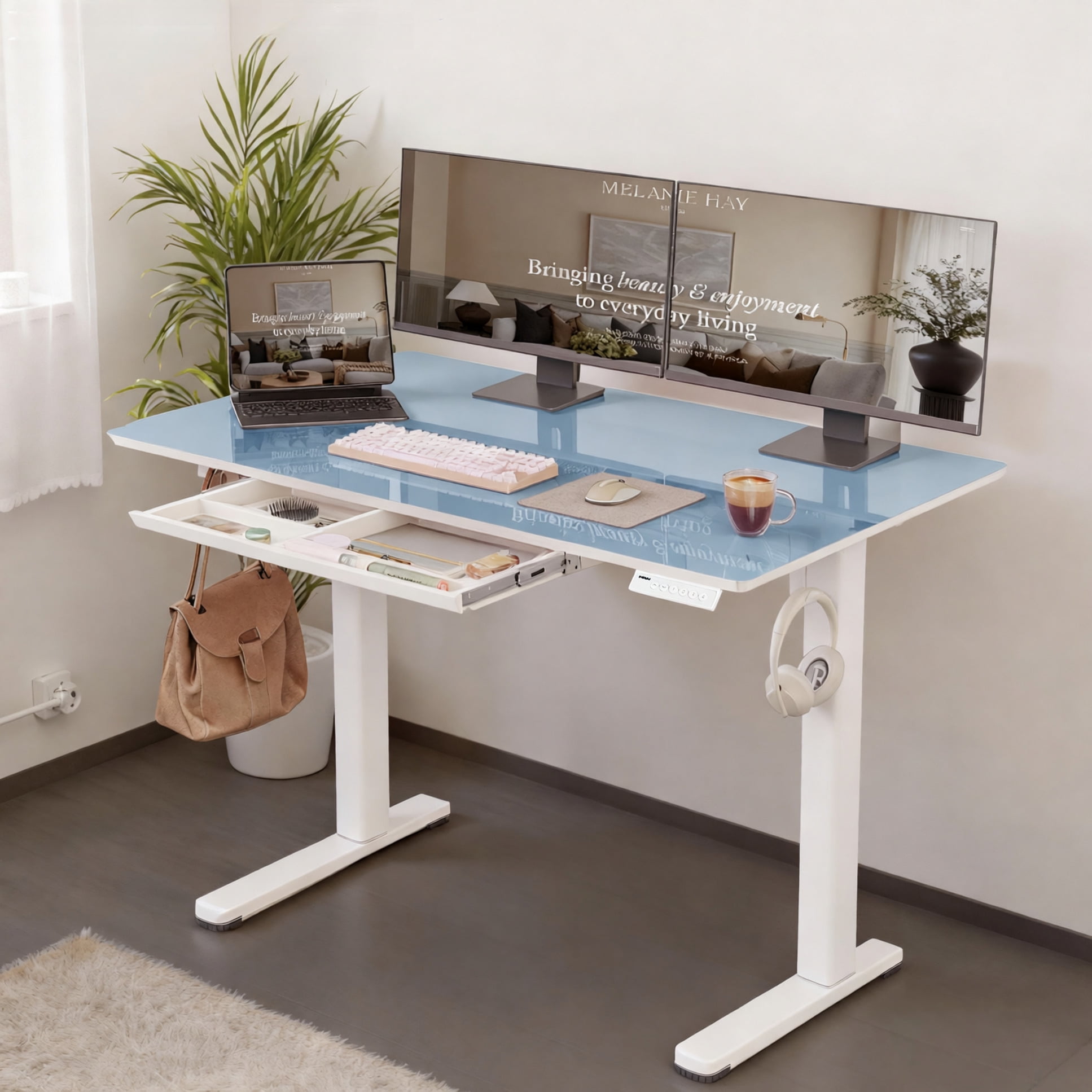 INNOVAR Glass Standing Desk with Drawers, 40 inch Adjustable Height Electric Sit to Stand up Desk, Glass Top Small Standing Teacher Desks with Storage, Morandi Blue