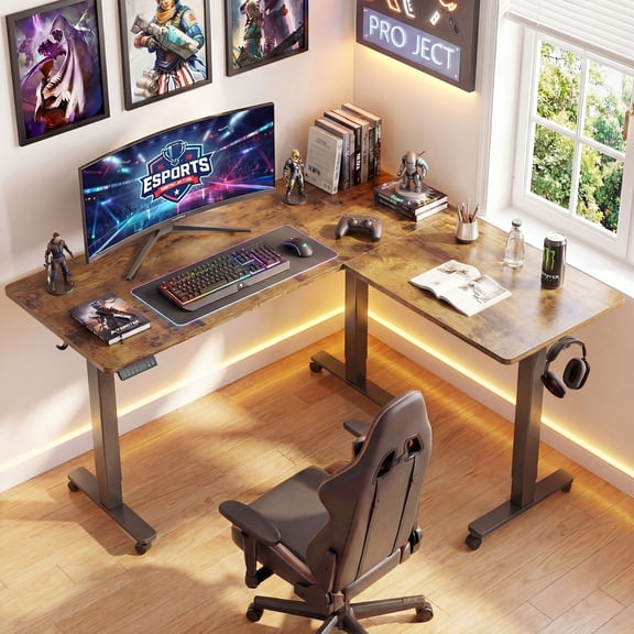 INNOVAR L Shaped Standing Desk Adjustable Height, Dual Motor Electric Corner Standing Desk, 63x55 inch Sit Stand up Desk Table with Splice Board, Rustic Brown