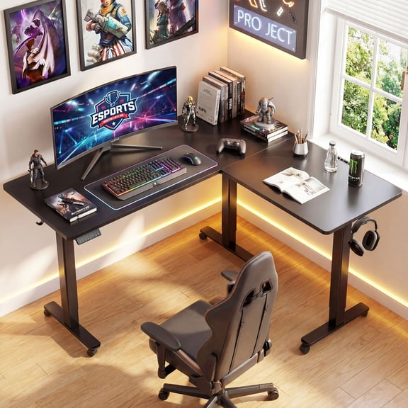 INNOVAR L Shaped Standing Desk Adjustable Height, Dual Motor Electric Computer Corner Desk, 63x55 inch Ergonomic Sit-Stand up Desk with Splice Board for Home & Office W/Preset Memories, Black,Large