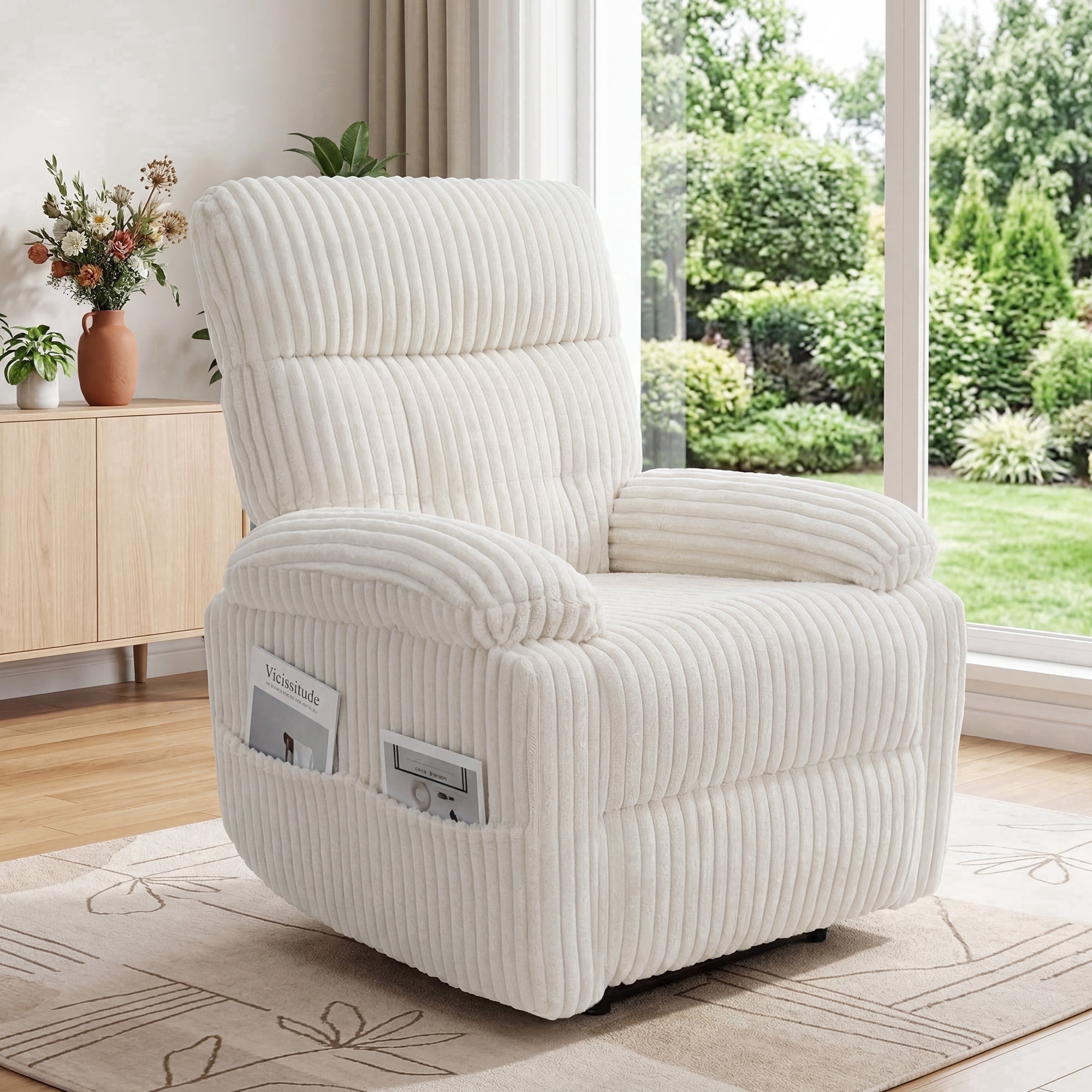 INNOVAR Recliner Sofa for Adults, Zero Gravity Power Reclining Chair, Oversized Electric Recliners Elderly Chair W/Storage Pockets for Home Living Room,Corduroy,White