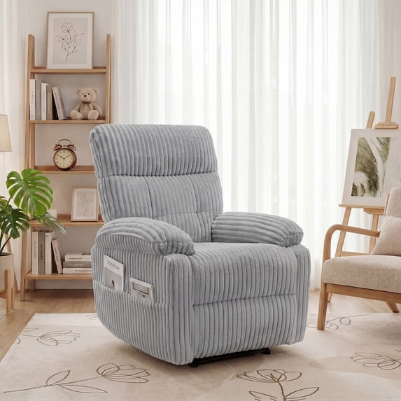 INNOVAR Recliner Sofa for Adults, Zero Gravity Reclining Chair, Oversized Electric Recliners Elderly Rocker Chair W/Storage Pockets for Home Living Room,Corduroy,Grey