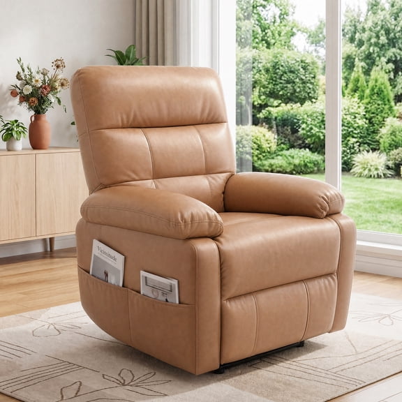 INNOVAR Recliner Sofa for Adults, Power Swivel Reclining Chair, Oversized Electric Recliners Overstuffed Rocker Chair W/Storage Pockets, USB and Type-C Ports for Home Living Room,PU,Light Brown