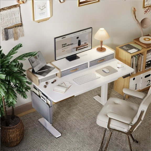 INNOVAR Standing Desk with 3 Storage Drawers, Adjustable Height Electric Stand up Computer Desks W/Outlets & USB Charging Ports,Sit to Stand Table Desk for Home Office Work Station,White