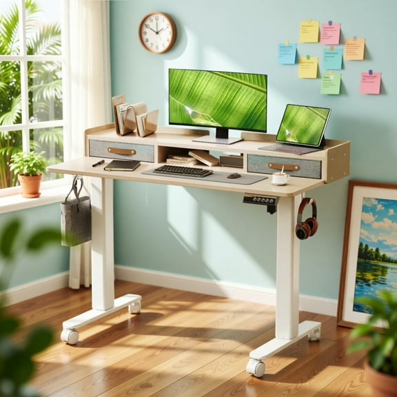 INNOVAR Large Standing Desk with 2 Drawers, 63 inch Adjustable Height Stand up Electric Rising Work Desk with Storage Shelf and 4 Wheels, Natural Wood Sit to Stand Computer Desk
