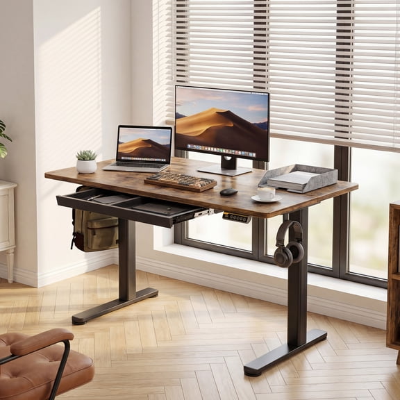 INNOVAR Standing Desk with Drawers, 48 x 24 inches Electric Standing Desk Adjustablei Height, Sit to Stand up Desks Computer Workstation, Rustic Brown