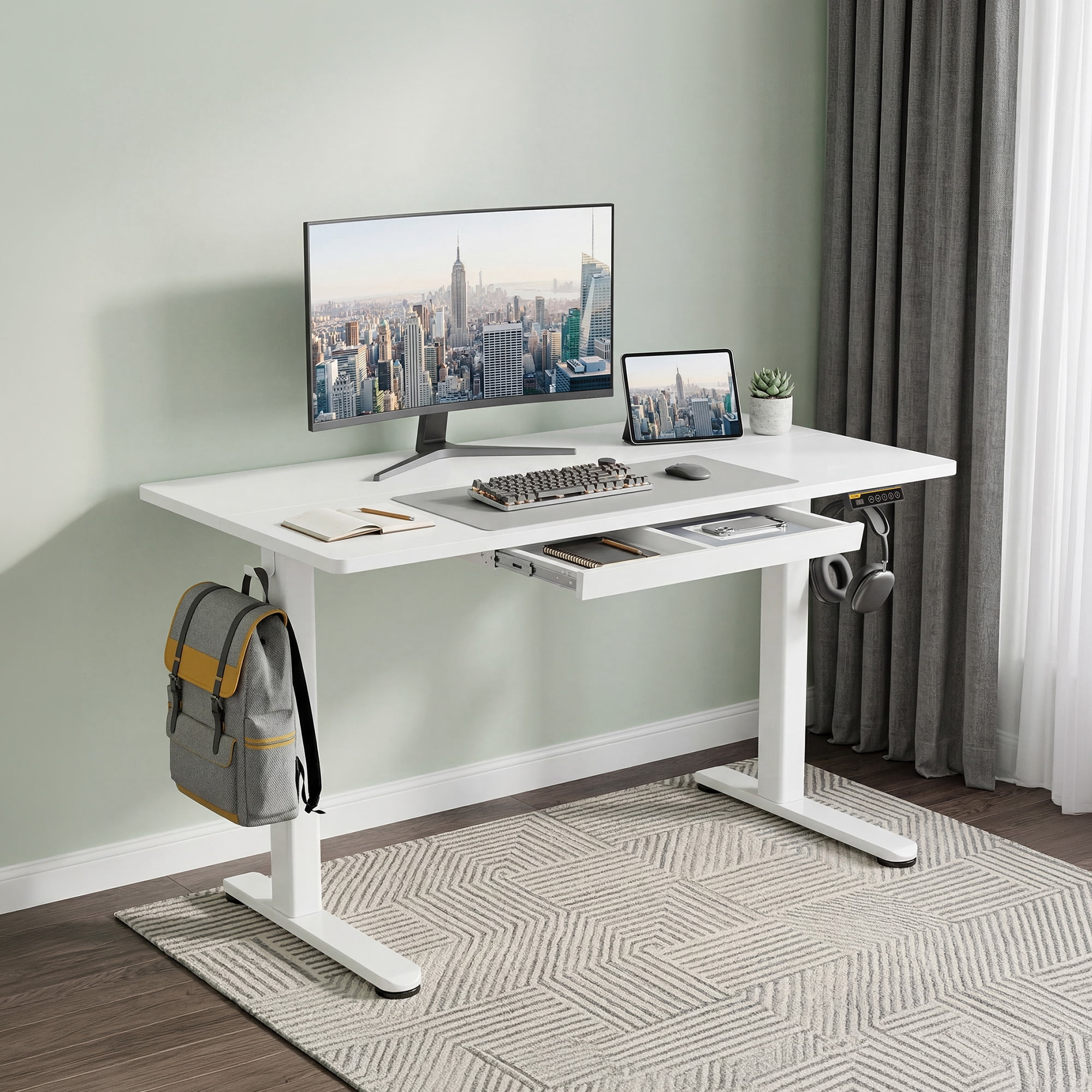 INNOVAR Standing Desk with 1 Drawer, 48 inch Electric Rising Stand up Work Desk, White Small Adjustable Height Sit to Stand Computer Study Desk Suitable for Home Office