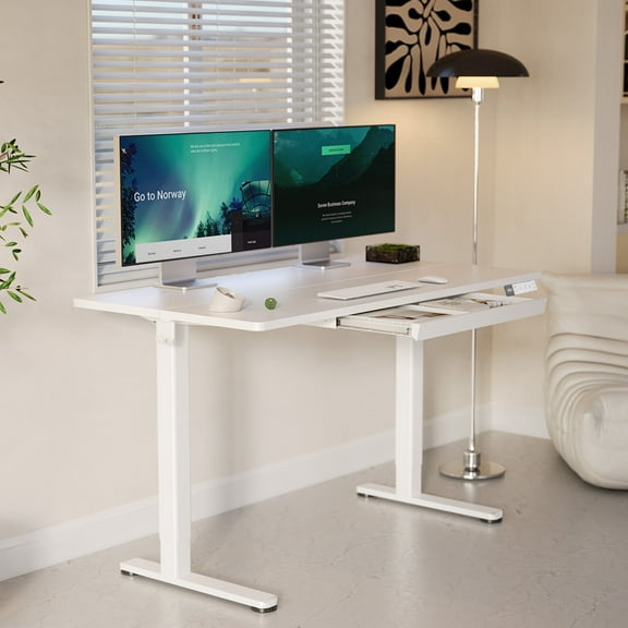 INNOVAR Standing Desk with 1 Drawer, 48 inch Electric Rising Stand up Work Desk, White Small Adjustable Height Sit to Stand Computer Study Desk Suitable for Home Office