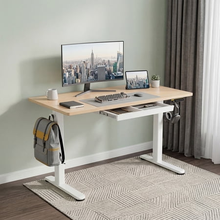 INNOVAR Office Home Standing Desk with 1 Drawer, 48 x 24" Electric Stand up Sit to Stand Desk with 2 Hooks for Computer Workstation,Adjustable Height, Natural Finish Standing Desk,Color Select