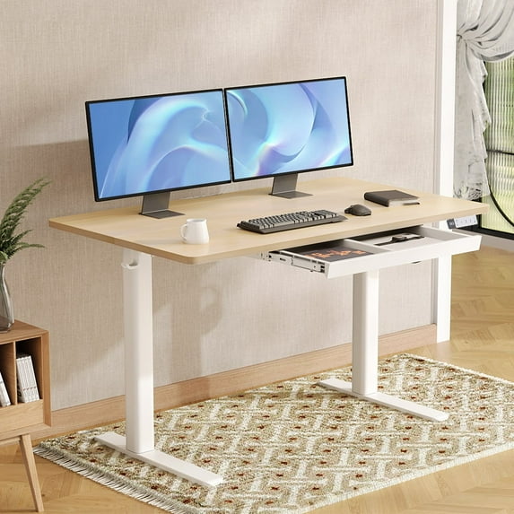 INNOVAR Office Home Standing Desk with 1 Drawer, 48 x 24" Electric Stand up Sit to Stand Desk with 2 Hooks for Computer Workstation,Adjustable Height, Natural Finish Standing Desk,Color Select