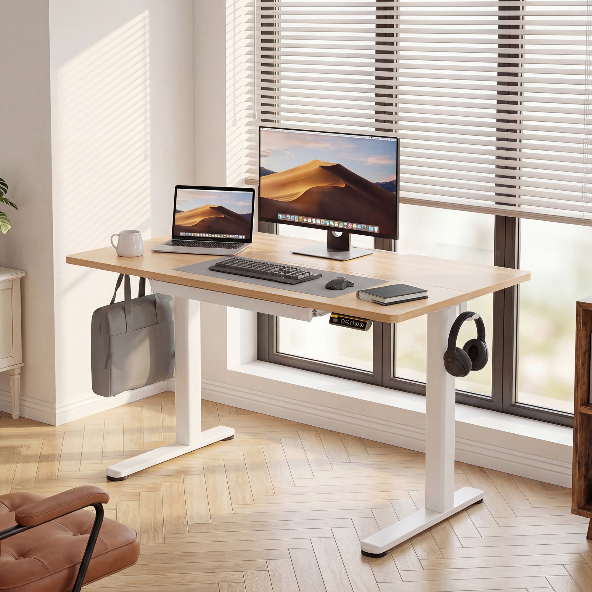 INNOVAR Adjustable Standing Desk with Drawers, 55x24 inch Electric Stand up Adjust Height Sit Stand Desk with Storage Home Office Computer Table Workstation with Power Lifting, Natural