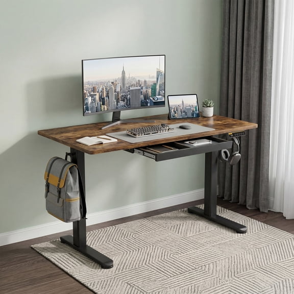 INNOVAR Adjustable Standing Desk with Drawers, 55x24 inch Electric Stand up Adjust Height Sit Stand Desk with Storage Multi-Function Computer Table Workstation with Power Lifting, Rustic Brown