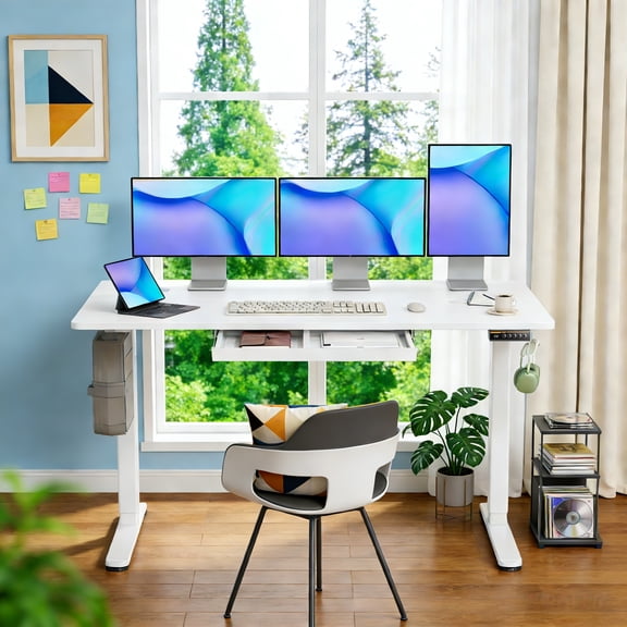 INNOVAR Adjustable Standing Desk with Drawers, 55x24 inch Electric Stand up Adjust Height Sit Stand Desk with Storage Home Office Computer Table Workstation with Power Lifting, White