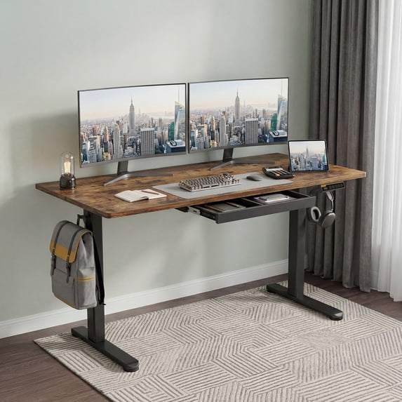 INNOVAR Adjustable Standing Desk with Drawers, 63x24 inch Electric Stand up Adjust Height Sit Stand Desk with Storage Home Office Computer Table Workstation with Power Lifting, Rustic Brown,Large