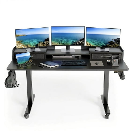 INNOVAR 63 inch Mobile Standing Desk with 2 Drawers - Large Adjustable Height Computer Desks, Electric Black Stand up Desks with Storage for Office,Students Sit to Stand Work Desk W/4 Wheels