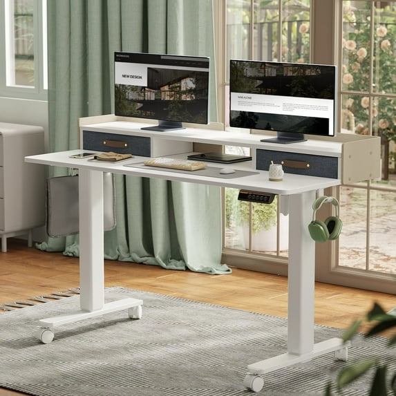 Innovar 63 inch Standing Desk with 2 Storage Drawers, Stand up and Down Large Height Adjustable Desk,Electric Sit to Stand Teacher Rising Computer Desk with 4 Wheels for Office Home,White
