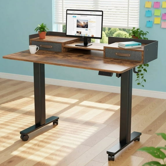 INNOVAR Electric Standing Desk with Drawers - Adjustable Height Computer Table, Small Stand up Desks with Storage Shelf, Adults Sit to Stand Splice Board Desk for Home Office,48 inch,Rustic Brown
