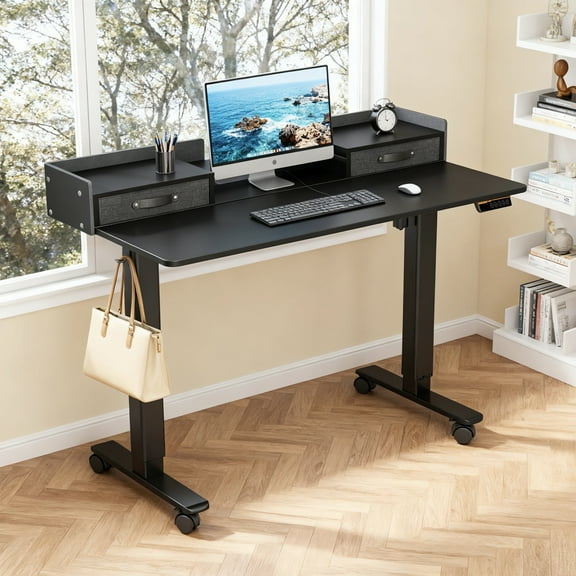 INNOVAR 55" Adjustable Standing Desk with 2 Storage Drawers, Height Adjust Mobile Stand up and Down Desk,Electric Sit-Stand Large Work Desk with 4 Wheels Rising Computer Table for Office Home,Black