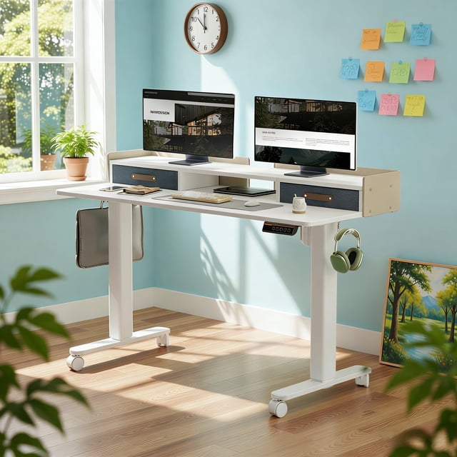 INNOVAR Electric Stand up Desks with 2 Drawers - 55 inch Standing Desk with Storage Shelf, Mobile Computer Adjustable Height Table, Adults Sit-Stand Splice Board Desk for Home Office,White