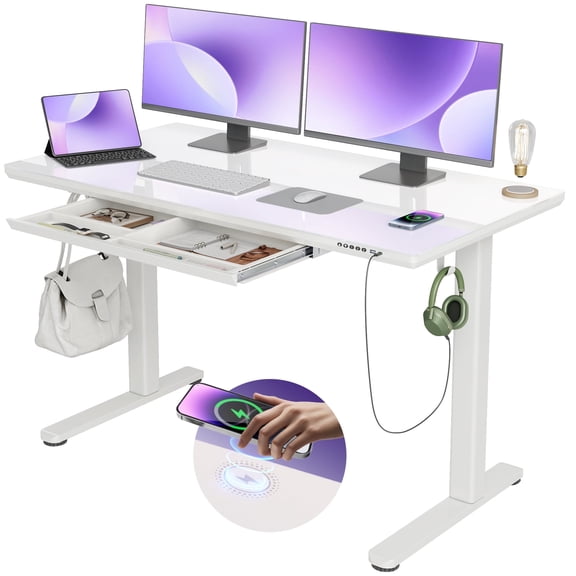 INNOVAR Thin Wireless Charging Glass Standing Desk with 1 Drawer, 55" Adjustable Height Stand up Desk with Type-C and USB Ports, Electric Sit to Stand Work Desk for Home Office,Super White - P09811