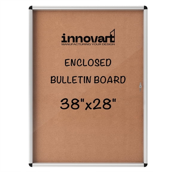 INNOVART Enclosed Bulletin Board 38”x28”, Lockable Bulletin Board Cork Noticeboard with Aluminum Frame, Wall Display Case with Swing-Open Door, Information Cabinet for School, Office, Commercial, etc