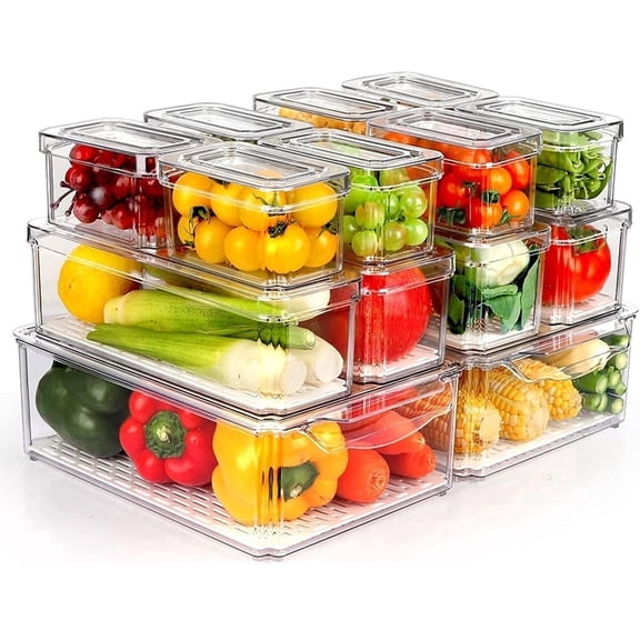 Innovative Life 14 Pcs Refrigerator Organizer Bins with Lids,Fridge Organizer, Bpa-Free, Stackable Plastic Fridge Storage
