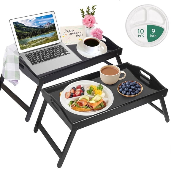 Innovative Life Foldable Breakfast Tray Set, 2-Piece Set with 10 plates., Perfect for Picnics and Afternoon Tea, Black