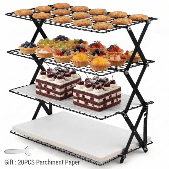 Innovative Life 4-Tier Cooling Rack with 20pcs Parchment Paper, Metal Foldable Baking Drying Rack for Cake Cookie Camping Picnic, Black