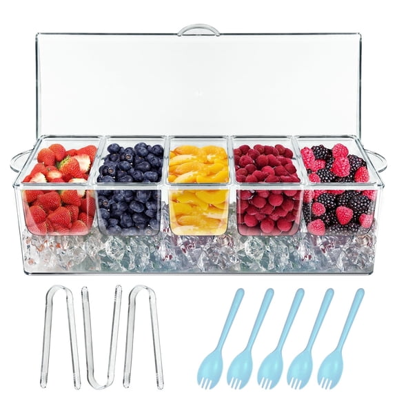 INNOVATIVE LIFE Chilled Condiment Server with 5 Removable Compartments Container, Large Bowl with Lid,Garnish Tray with Lid for Bar, Serving and Dishes