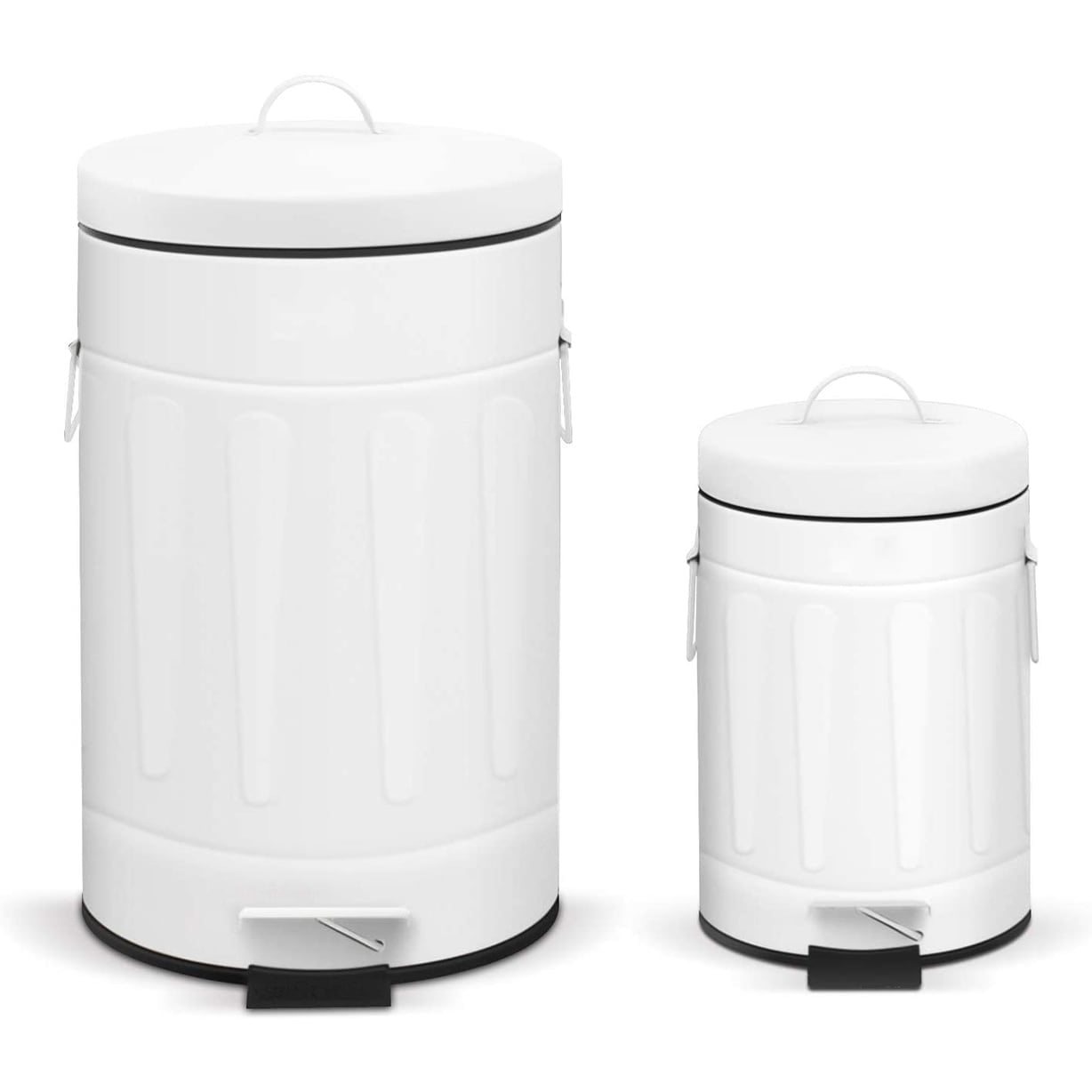 White and Black Fingerprint Resistant Metal Step-On Trash Can Set