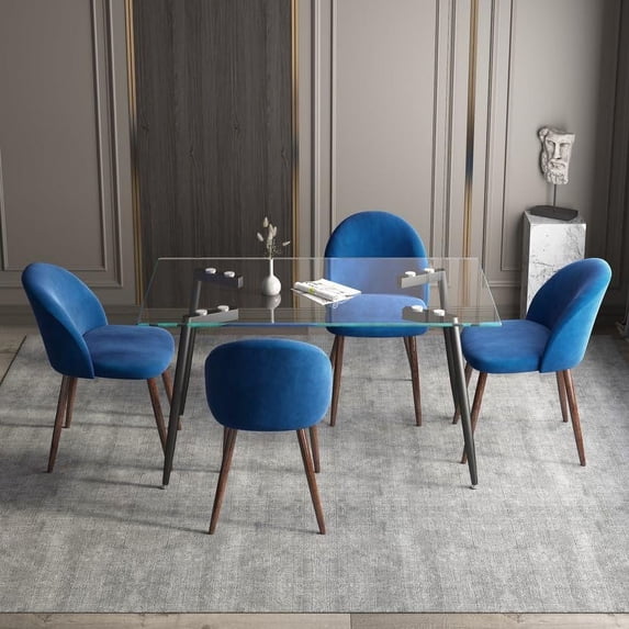INO Design 5 Piece Black Metal Framed Tempered Glass Dining Table with 4 Mid-Back Velvet Chairs for Apartment, Kitchen, Living Room, 3 Colors - Blue