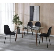 INO Design 5 Piece Furniture Contemporary Glass Dining Kitchen Table, Metal Legs with Wooden Skin Sturdy, TransparentSet for 4, Fabric Chairs with Metal Leg (Black)