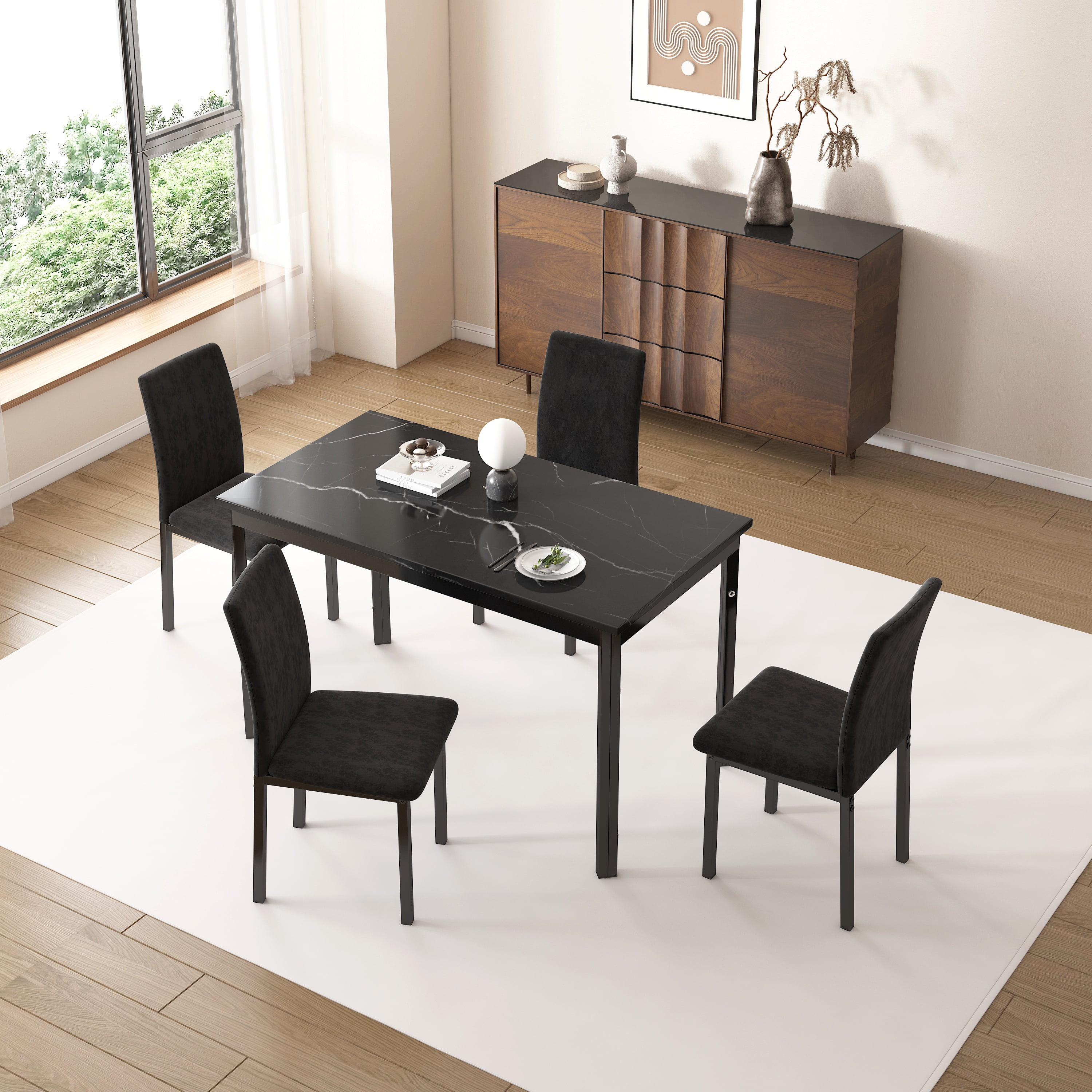 INO Design 5-Piece Marble Dining Table Set for 4, with 4 Velvet Metal ...