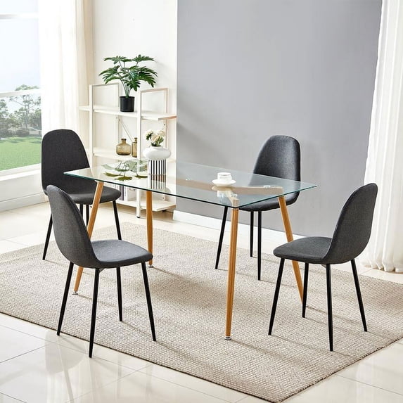 INO Design 5 Piece Mid Century Clear Glass Dining Table Furniture Set for 4, Fabric Chairs with Metal Leg (Grey)
