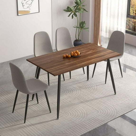 INO Design 5 Piece Modern Kitchen Dining Room Table Set for 4, Classic Brown Wooden Desk Top with Upholstered Fabric Chairs with Metal Legs (Light Grey)