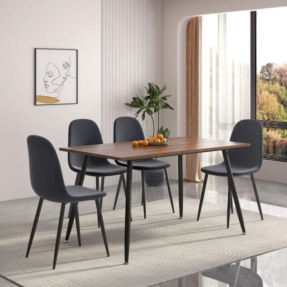 INO Design 5 Piece Modern Kitchen Dining Room Table Set for 4, Classic Brown Wooden Desk Top with Upholstered Fabric Chairs with Metal Legs (Grey)