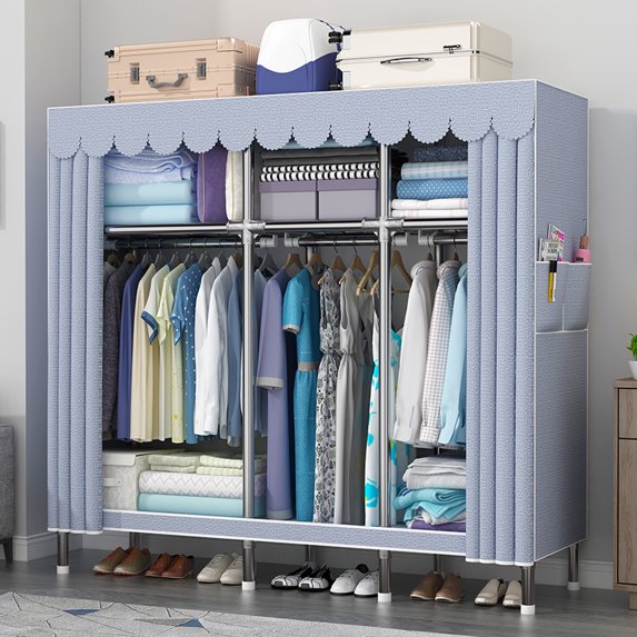 INO Design 51'' Inch Fabric Portable Wardrobe With 3 Movable Hanging And 6 Storage Shelves - Gray / Striped Pattern / Retro Pattern (Gray)