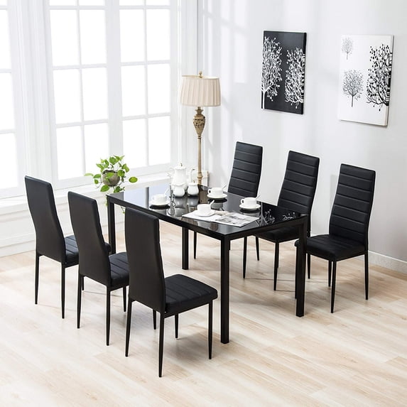 INO Design 7 Piece Mid-Century Modern Black Glass Top Dining Table Set for 6 Comfortable High Back Upholstered Faux Leather Chair - Kitchen Furniture, Living Room, Restaurant, Office (Black)