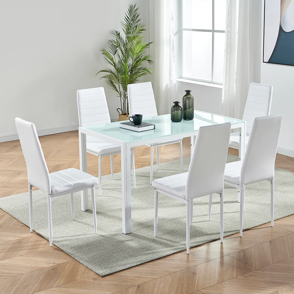 INO Design 7 Piece Modern White Glass Dining Table Set for 6 ...
