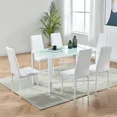thumbnail image 1 of INO Design 7 Piece Modern White Glass Dining Table Set for 6 Comfortable High Back Upholstered Faux Leather Chair - Kitchen Furniture, Living Room, Restaurant, Office (White), 1 of 12