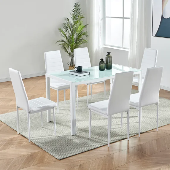 INO Design 7 Piece Modern White Glass Dining Table Set for 6 Comfortable High Back Upholstered Faux Leather Chair - Kitchen Furniture, Living Room, Restaurant, Office (White)