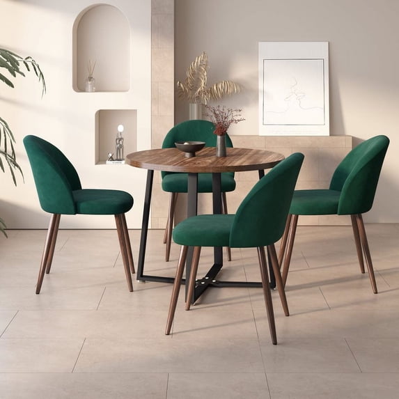 INO Design Dining Set for 5 Piece Mid-Century Modern Round Table with 4 Velvet Chairs - Chic, Luxury, Comfy, Sturdy & Compact - for Homes, Apartments, Restaurants - Green