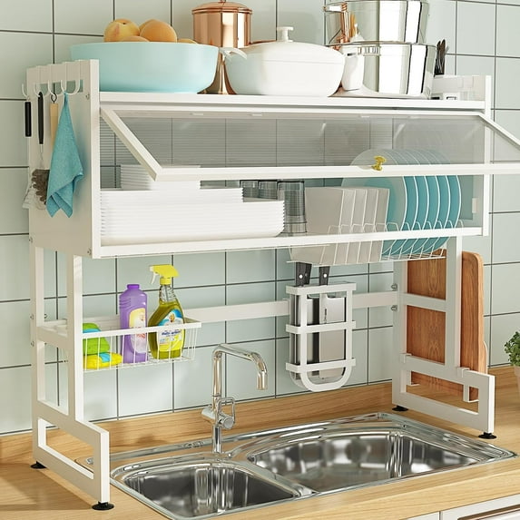 INO Design Dish Drying Rack Large Dish Rack Kitchen Organizers and Storage, Over The Sink Dish Drainer, Dish Racks with Sponge Holder and Knife, Bowl Holder for Kitchen Sink Counter - White