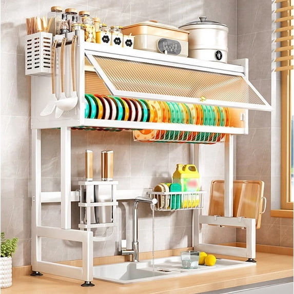 INO Design Dish Drying Rack Large Dish Rack Kitchen Organizers and Storage, Over The Sink Dish Drainer, Dish Racks with Sponge Holder and Knife, Bowl Holder for Kitchen Sink Counter - White